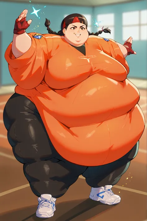 masterpiece, best quality, 1girl, solo, absurdres,
large breasts,
jentry,
black hair, brown eyes, twin braids, dark skin,
dougi, sneakers, spandex, headband, fingerless gloves
high up, standing on one foot, poised before executing a spinning kick, cinema...
