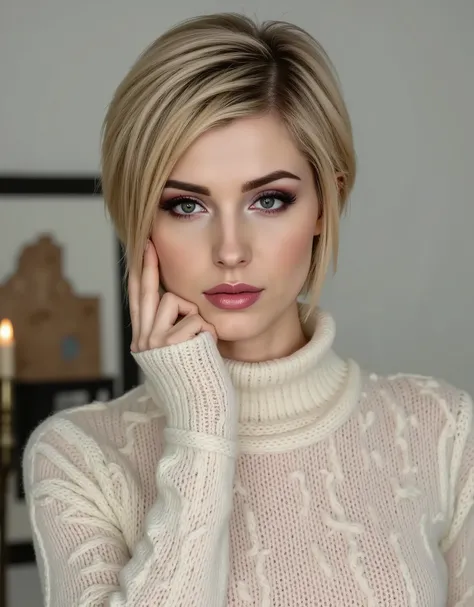 portrait of woman, aran sweater, short pixie hair