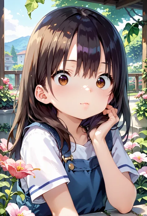   score_9,   score_8_up,   score_7_up, source_anime, masterpiece,  absurd,   perfect face, alone cute expression,   perfect face, Ponsuke P     ,   1 girl on break day, alone,  black hair ,   dark brown eyes , bright eyes, Cleft lip, , cute, garden, day, f...