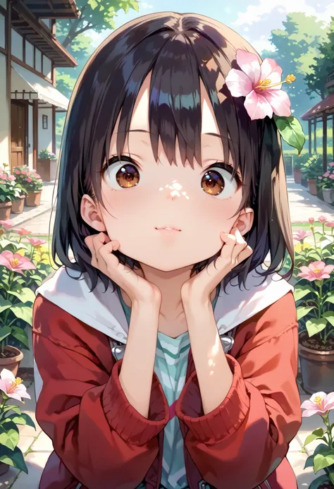   score_9,   score_8_up,   score_7_up, source_anime, masterpiece,  absurd,   perfect face, alone cute expression,   perfect face, Ponsuke P     ,   1 girl on break day, alone,  black hair ,   dark brown eyes , bright eyes, Cleft lip, , cute, garden, day, f...