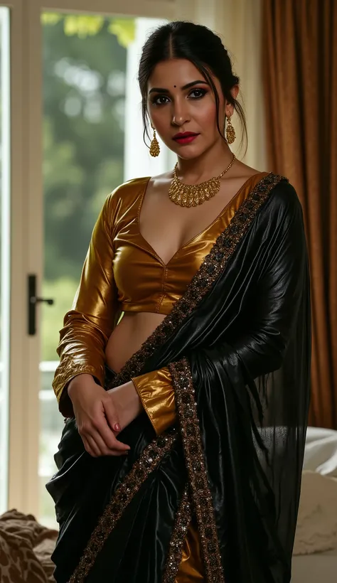 Anushkasharma, super detailed, black leather saree, golden leather blouse, (gothic makeup), goth, heavy goth face makeup, eyes gothic makeup, lipstick, big , bold and seductive mistress pose, evil lusty expression, modern apartment living room background, ...
