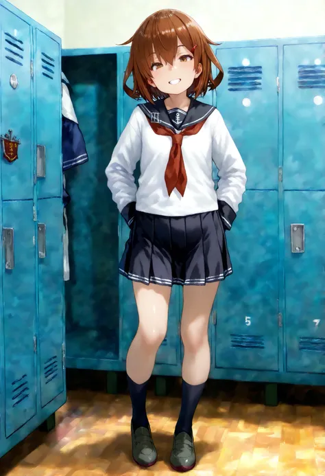 thunder \( Kantai Collection\), ikazuchi (kancolle), Highest Quality,  great quality ,   very aesthetic ,   is ridiculous,, Ponsuke P     ,
 1 girl on break day, thunder \( Fleet \),   Brown Hair,  short hair,  brown eyes in the bedroom,  hair clip, teeth,...