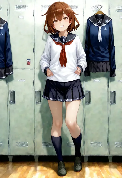 thunder \( Kantai Collection\), ikazuchi (kancolle), Highest Quality,  great quality ,   very aesthetic ,   is ridiculous,, Ponsuke P     ,
 1 girl on break day, thunder \( Fleet \),   Brown Hair,  short hair,  brown eyes in the bedroom,  hair clip, teeth,...