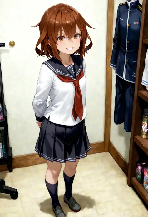 thunder \( Kantai Collection\), ikazuchi (kancolle), Highest Quality,  great quality ,   very aesthetic ,   is ridiculous,, Ponsuke P     ,
 1 girl on break day, thunder \( Fleet \),   Brown Hair,  short hair,  brown eyes in the bedroom,  hair clip, teeth,...