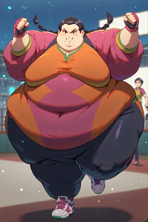 masterpiece, best quality, 1girl, solo, absurdres,
large breasts,
haylin,
black hair, brown eyes, twin braids, dark skin,
dougi, sneakers, spandex, headband, fingerless gloves
high up, standing on one foot, poised before executing a spinning kick, cinema...