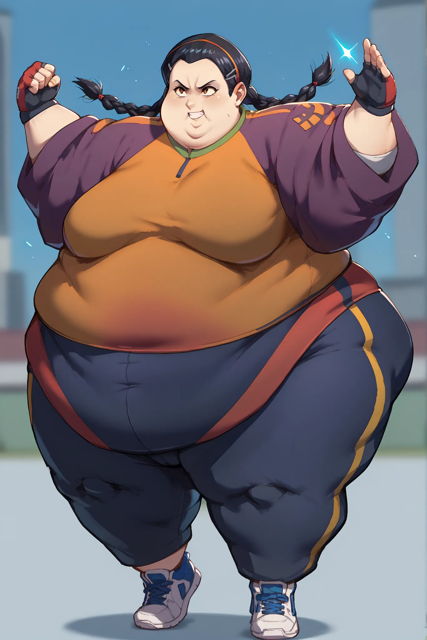 masterpiece, best quality, 1girl, solo, absurdres,
large breasts,
haylin,
black hair, brown eyes, twin braids, dark skin,
dougi, sneakers, spandex, headband, fingerless gloves
high up, standing on one foot, poised before executing a spinning kick, cinema...
