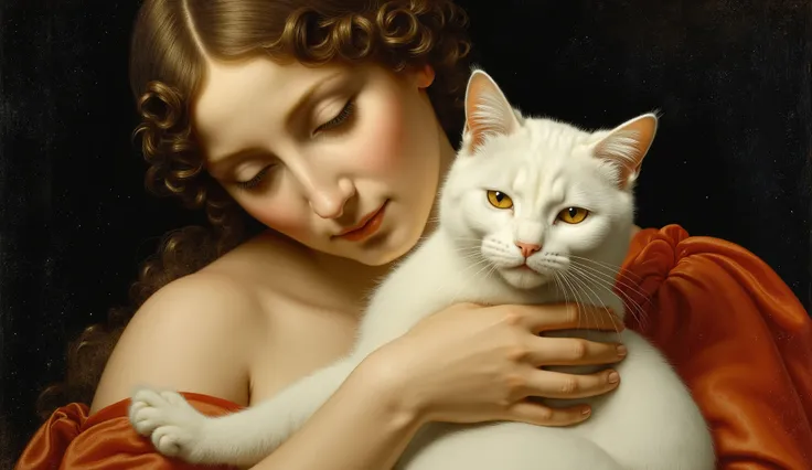 an oil painting of a woman with a white furry cat in the style of Leonardo da Vinci, She embraces the cat and has beautiful and affectionate features. 
