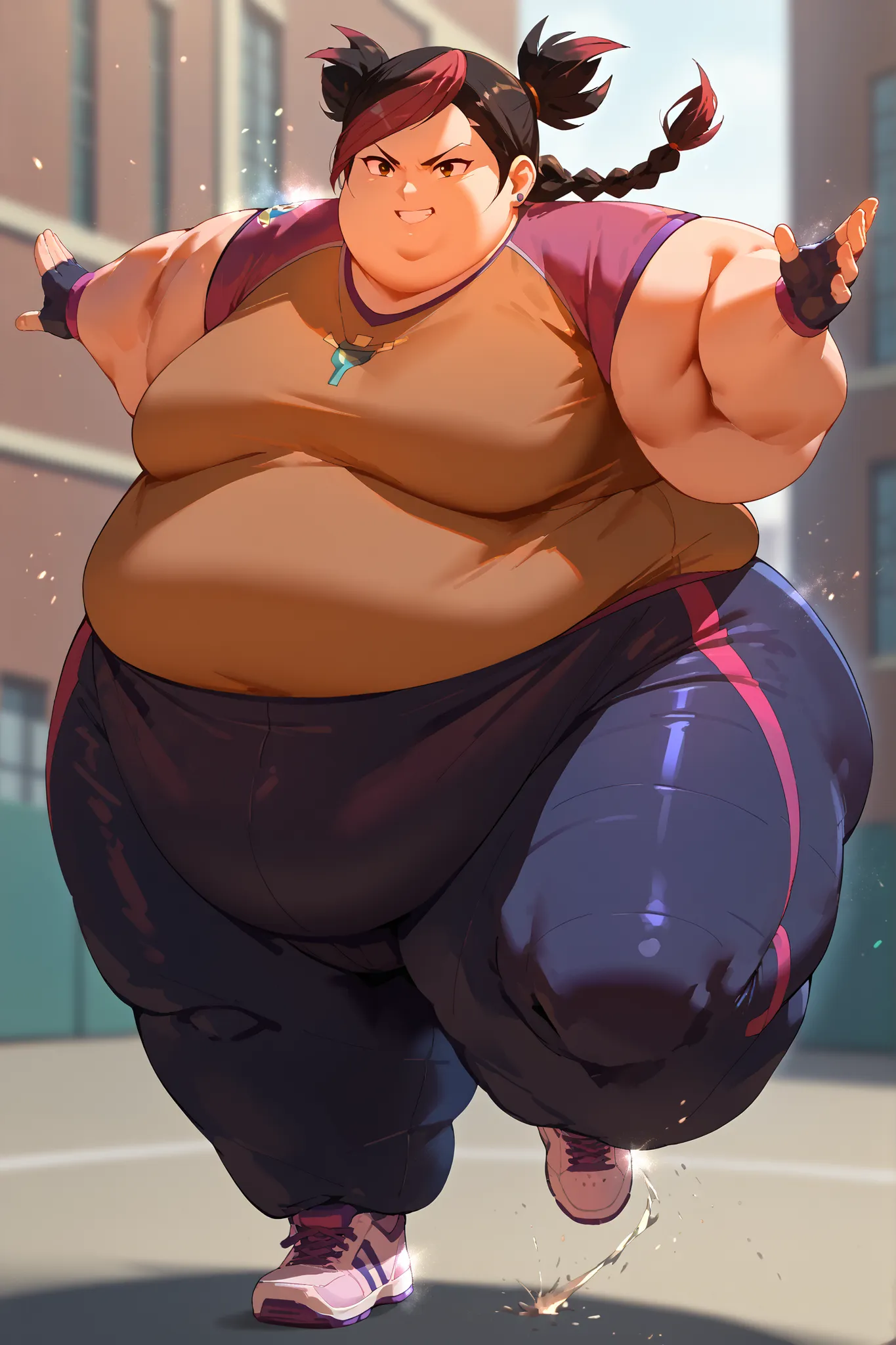 masterpiece, best quality, 1girl, solo, absurdres, 
large breasts, miko,
black hair, brown eyes, twin braids, dark skin,
dougi, sneakers, spandex, headband, fingerless gloves
 high up, standing on one foot, poised before executing a spinning kick, cinemati...