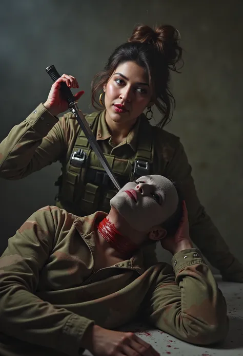 Realistic, real quality, beautiful woman, woman 20 year old, woman cuts neck boy, woman killing boy, blood splashed in neck boy, woman thick hair, woman hair bun very big, boy 25 year old, woman Delta force Camuflase white outfit, woman delta force armor, ...