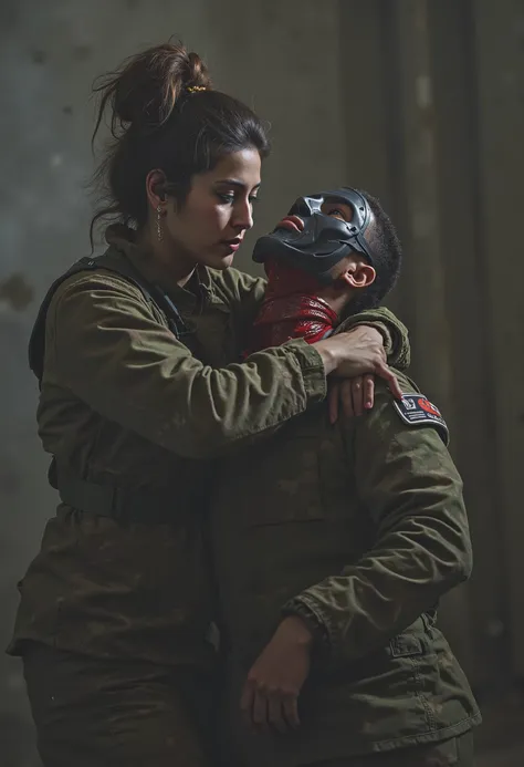 Realistic, real quality, beautiful woman, woman 20 year old, woman cuts neck boy, woman killing boy, blood splashed in neck boy, woman thick hair, woman hair bun very big, boy 25 year old, woman Delta force Camuflase white outfit, woman delta force armor, ...