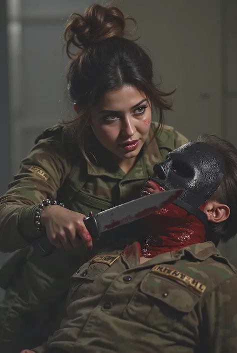 Realistic, real quality, beautiful woman, woman 20 year old, woman cuts neck boy, woman killing boy, blood splashed in neck boy, woman thick hair, woman hair bun very big, boy 25 year old, woman Delta force Camuflase white outfit, woman delta force armor, ...