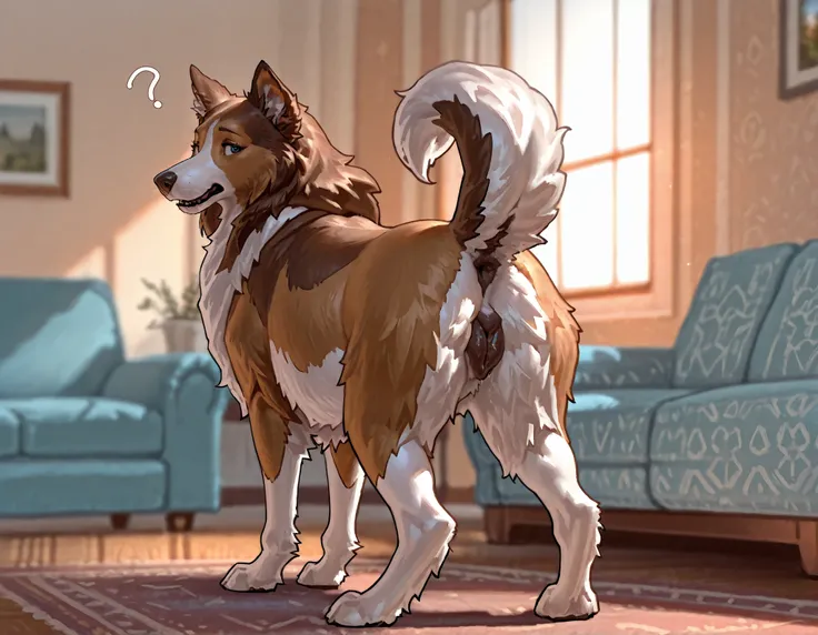 by Taran Fiddler, Collie, feral, female, curvy, looking back at viewer, confused, panting, rear view, raised tail, standing, swollen canine pussy, giant canine pussy, golden hour, sunlight, living room, depth of field, cinematic, blurred background, depth ...