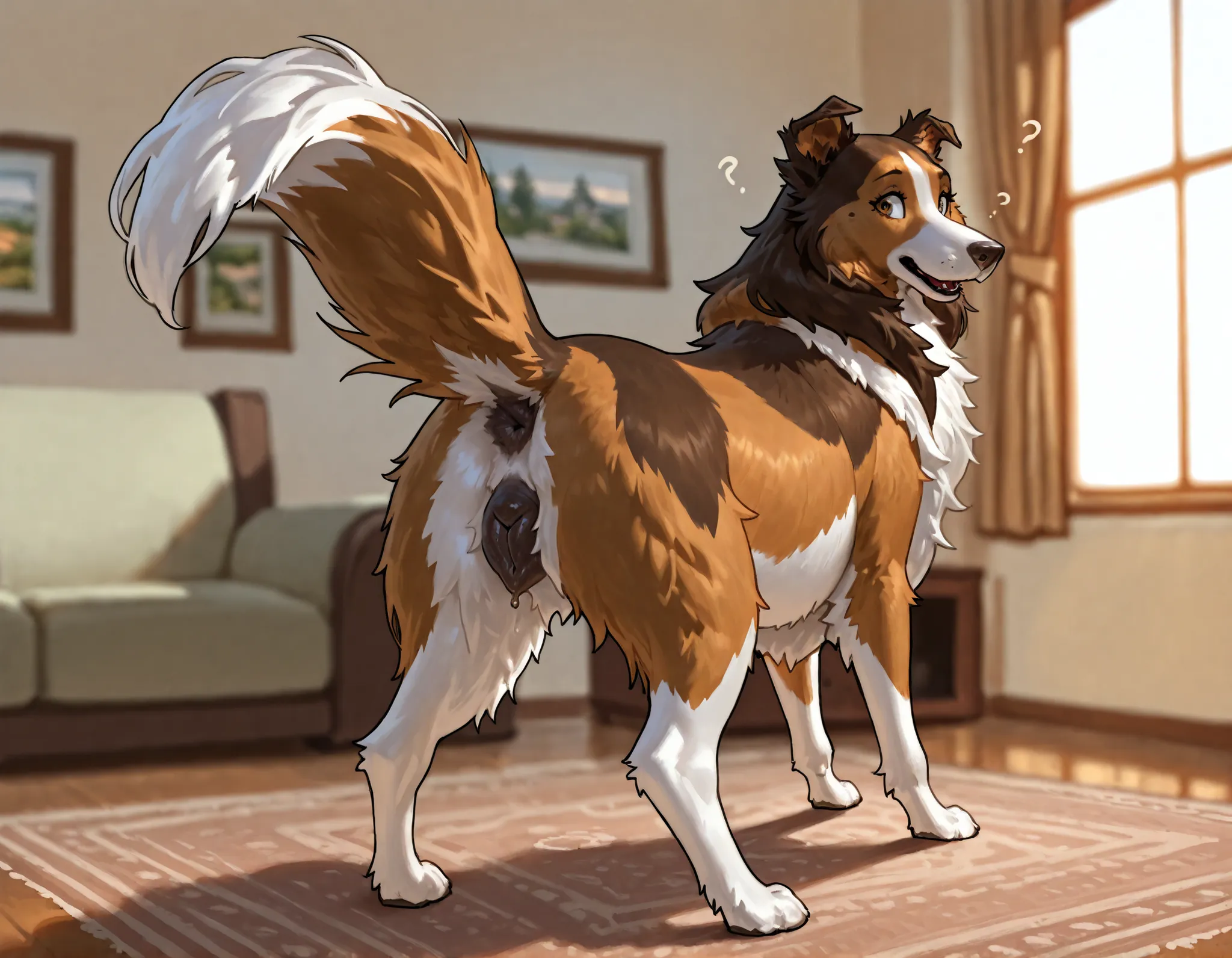 by Taran Fiddler, Collie, feral, female, curvy, looking back at viewer, confused, panting, rear view, raised tail, standing, swollen canine pussy, giant canine pussy, golden hour, sunlight, living room, depth of field, cinematic, blurred background, depth ...