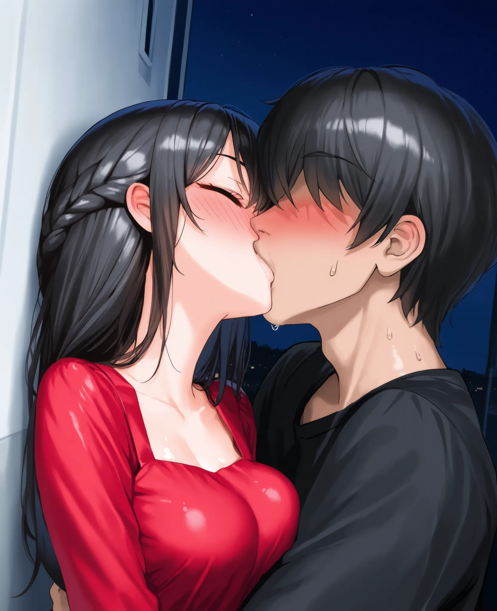 score_9, score_8_up, score_7_up, 1woman, solo, hair, closed eyes, white milky porcelain skin, white-skinned female, black hair braided, lovely medium breasts, perfect body, red maxi dress, sweat, female organism, open mouth, looking at viewer, head tilt,...