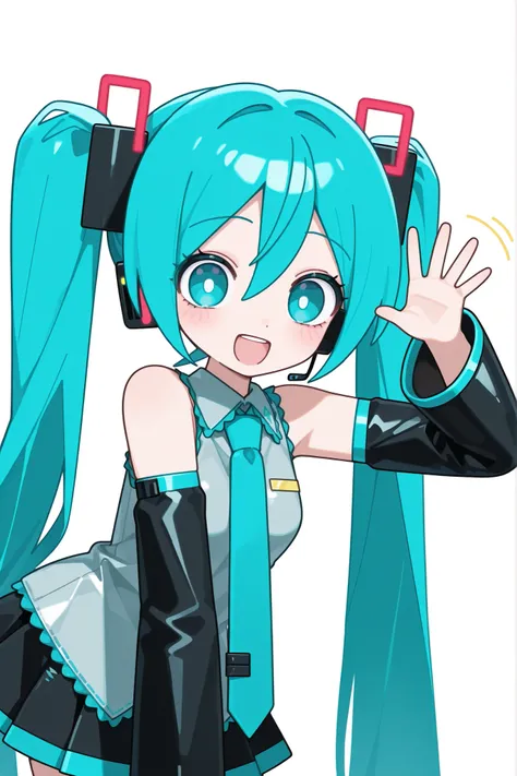 Hatsune Miku, Blue hair, blueish eyes, Long hair, standing up, Waving hand at viewer, perfect pupils, round pupils, best quality, Ultra high quality, Happy expression, Basic white backround
