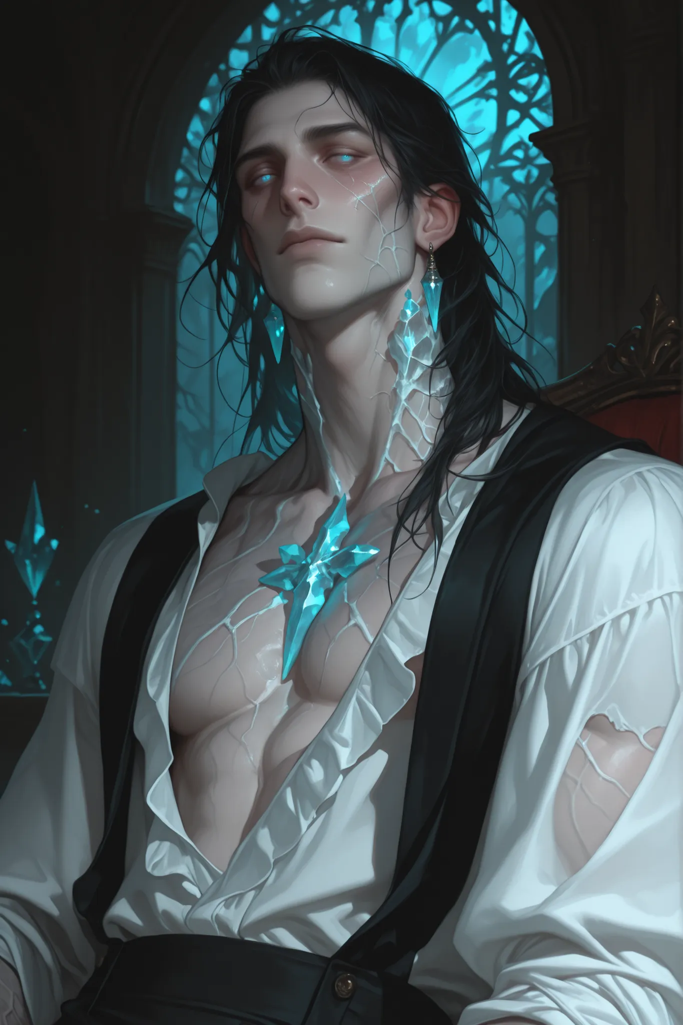 Male, man, solo,Tall, lean, thin, fragile, handsome fair skin, faint black veins, unnatural blue eyes, glowing faintly, black hair, slightly dishevelled, crystal-like skin patches, crystals on his neck, many crystal protruding from his skin, Handsome, Eleg...