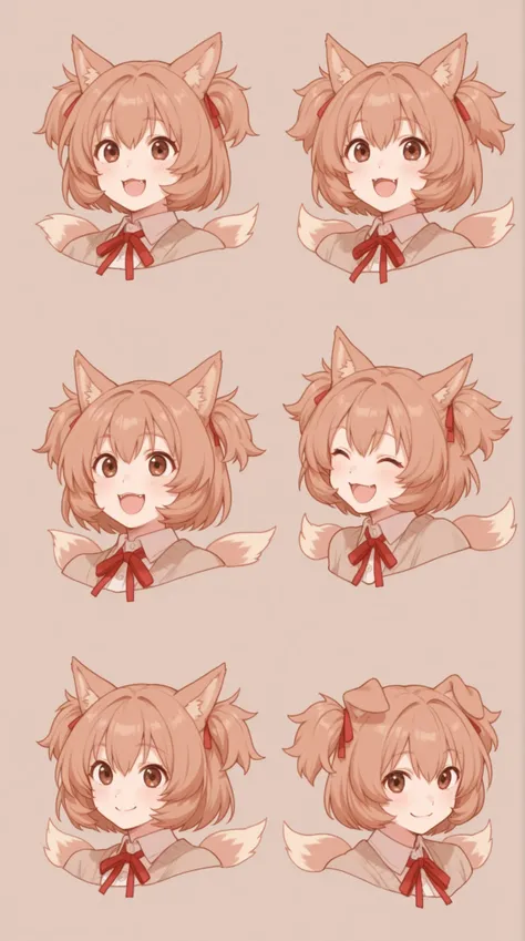 female, double short twin tail, dog ear, ribbon, smile, Roar,