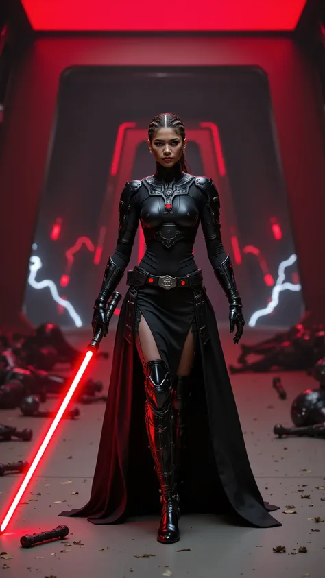 Zendaya reimagined as a deadly young Sith Duelist, walking forward with full body visible, centered composition, cinematic low angle. Her armor is sleek, agile, and tactical — matte black with sharp red accents, layered like a dancer’s gear fused with Sith...