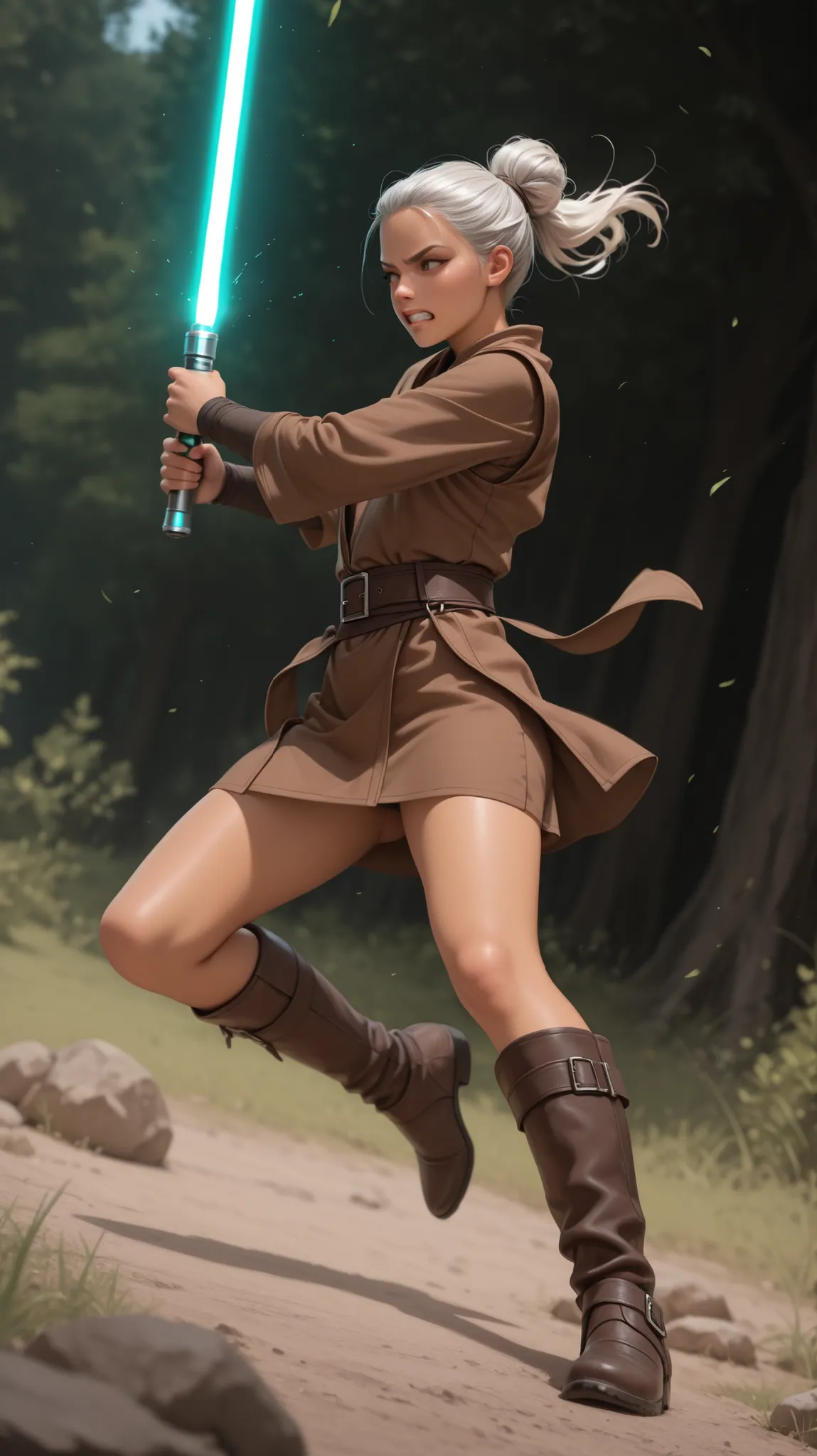 masterpiece, best quality, very aesthetic, absurdres, realistic illustration, questionable, outdoors, dutch angle, from below, solo, young woman, jedi knight, tan, silver hair, top bun, ponytail, eyes narrowed, clenched teeth, brown tunic microdress, long ...