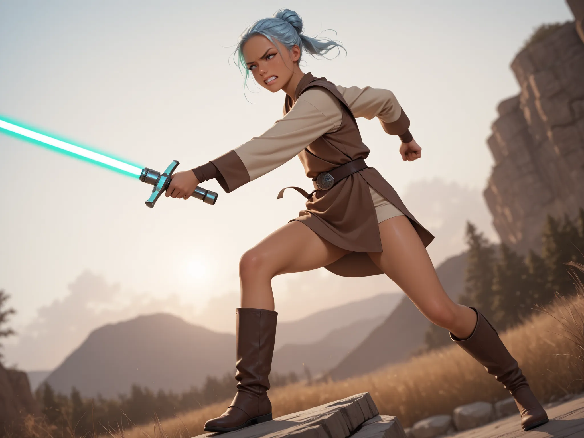 masterpiece, best quality, very aesthetic, absurdres, realistic illustration, questionable, outdoors, dutch angle, from below, solo, young woman, jedi knight, tan, silver-blue hair, top bun, ponytail, eyes narrowed, clenched teeth, brown tunic microdress, ...
