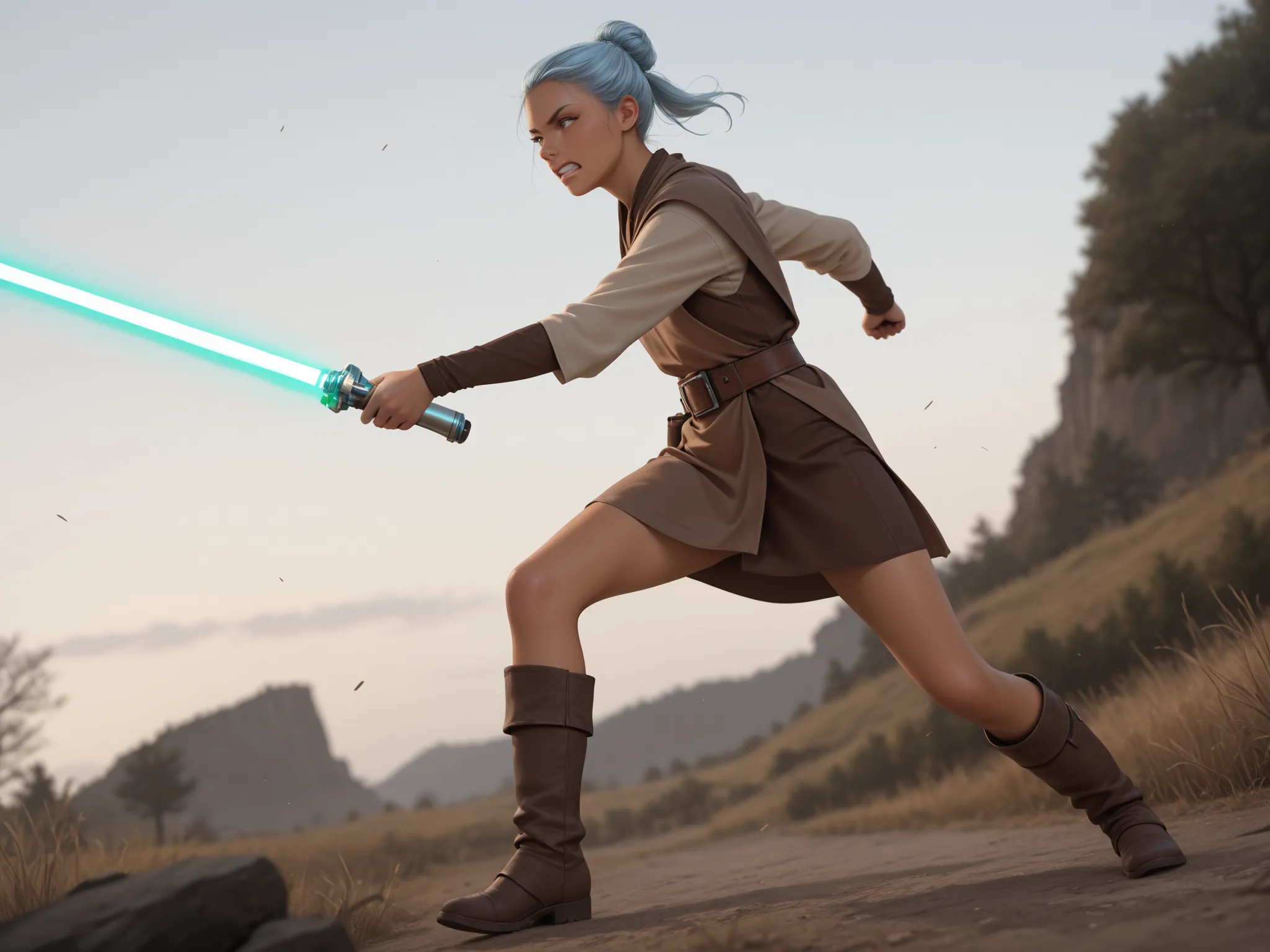 masterpiece, best quality, very aesthetic, absurdres, realistic illustration, questionable, outdoors, dutch angle, from below, solo, young woman, jedi knight, tan, silver-blue hair, top bun, ponytail, eyes narrowed, clenched teeth, brown tunic microdress, ...