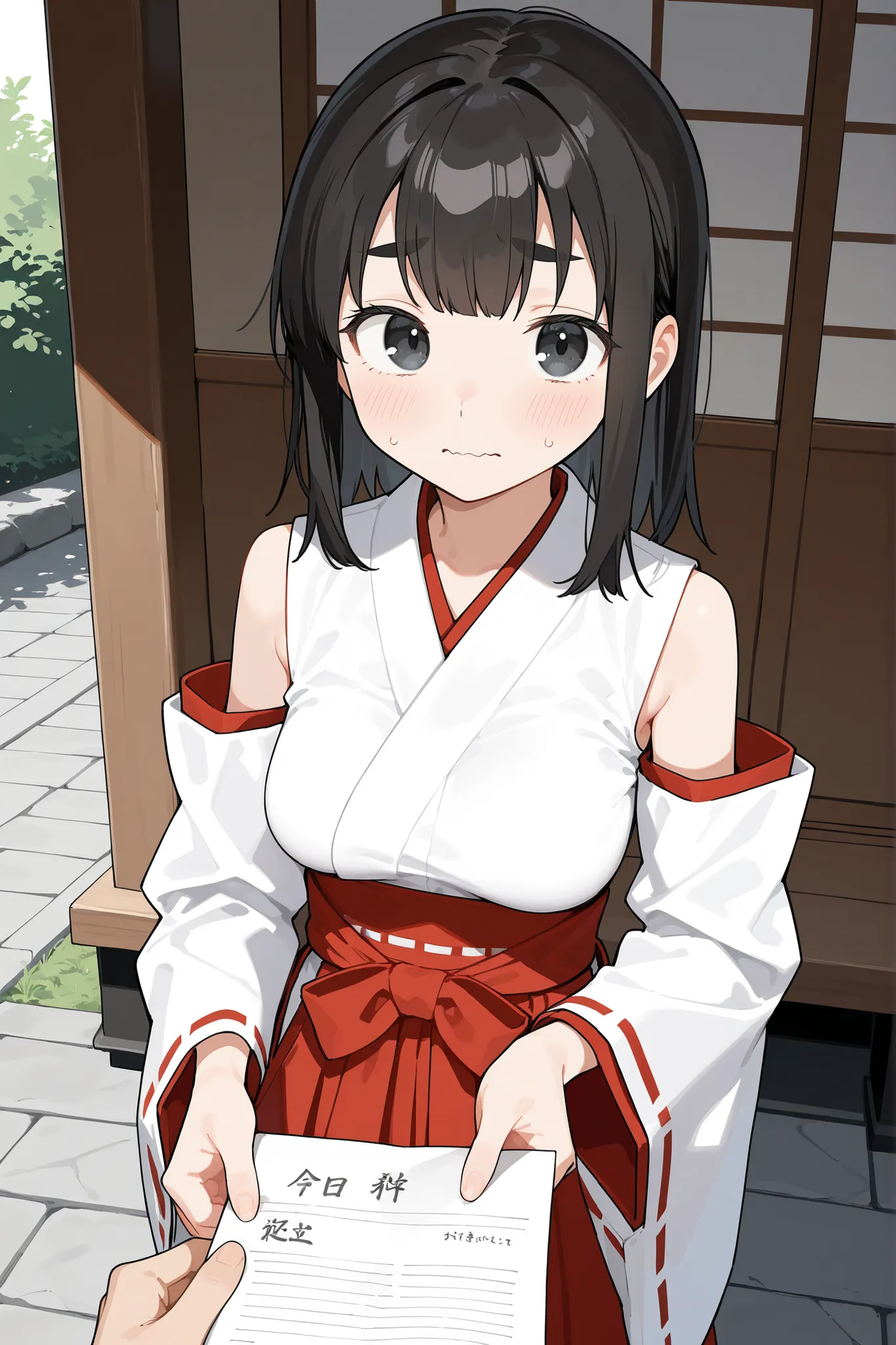 cute girl, schoolgirl, small girl, short girl, tween, (solo), (1girl), (alone), miko, white shirt, white detached sleeves, red trim, long skirt, hakama skirt, red skirt, (medium breasts), skinny, narrow waist, black hair, medium hair, double parted bangs, ...