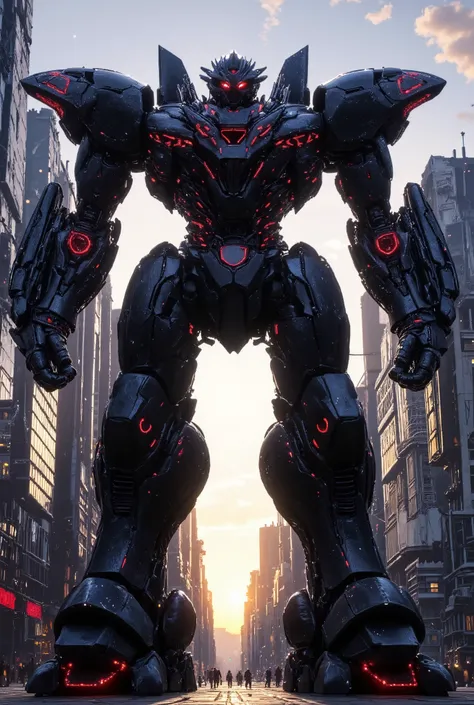 "A colossal military robot 100 meters tall, with a matte black body and bright red details. Its body proportion is vertically exaggerated (250%), creating an imposing and elongated silhouette. The perspective is from the bottom up, emphasizing its grandeur...