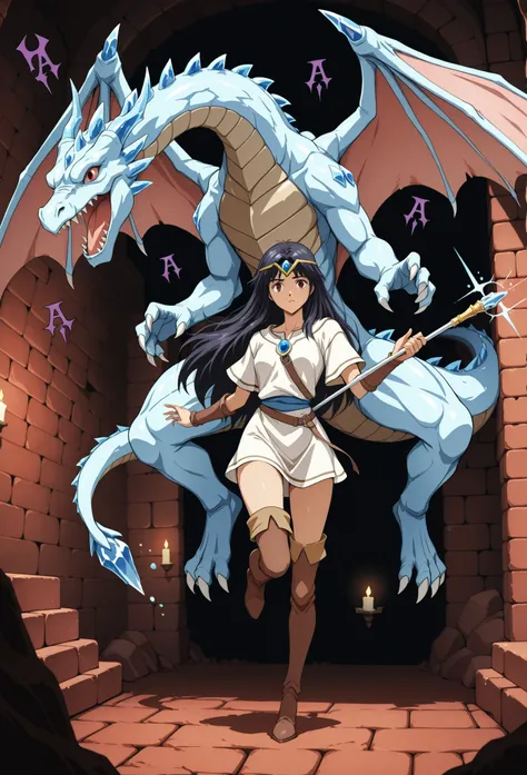 A maiden with dark hair wearing a short white tunic, thigh-high hide boots and circlet, holding a short rod with a blue crystal tip, flying leap, inside a red brick dungeon, above a menacing dragon-like monster, alone, in full view in a highly detailed ani...