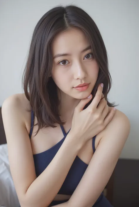A beautiful woman with overwhelmingly beautiful short hair、betterpose、small dark blue panties.mesh bodysuit、 armpits are healthy、 luxury hotel lobby、perfect balance of light and shadow、Detailed image quality、hyperreal、angelababy