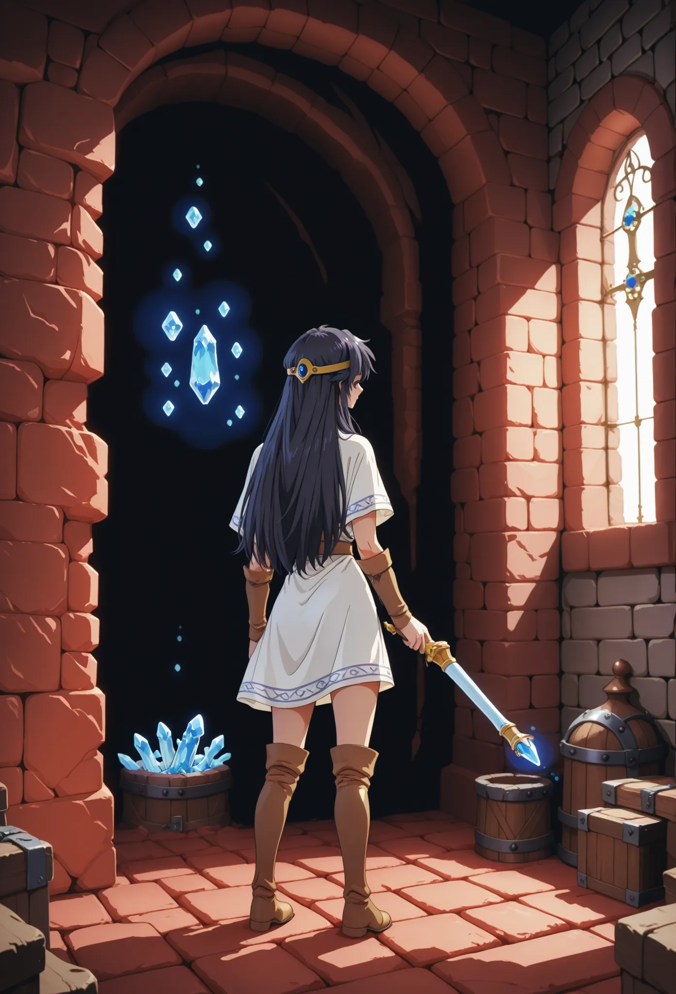 A maiden with dark hair wearing a short white tunic, thigh-high hide boots and circlet, holding a short rod with a blue crystal tip, inside a red brick dungeon, facing off against a roper, alone, in full view in a highly detailed anime style
