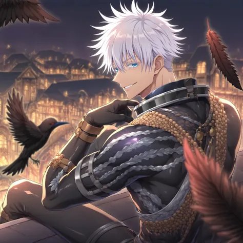 BREAK1man, gojou satoru /(jujustu kaisen/), detailed eyes, blue eyes, white hair, white undercut. short hair, detailed eyelashes, colored eyelashes, sexy man, trained body, muscular, handsome, cool, mature man, upper body, (dark theme :1.3) ,black gloves, ...
