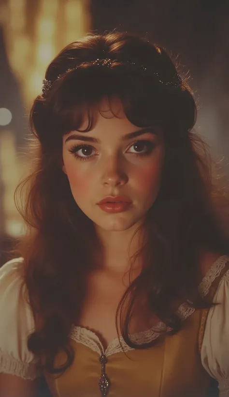 1980 film still, princess Belle, long wavy dark brown hair, brown eyes medium shot, grainy effect,