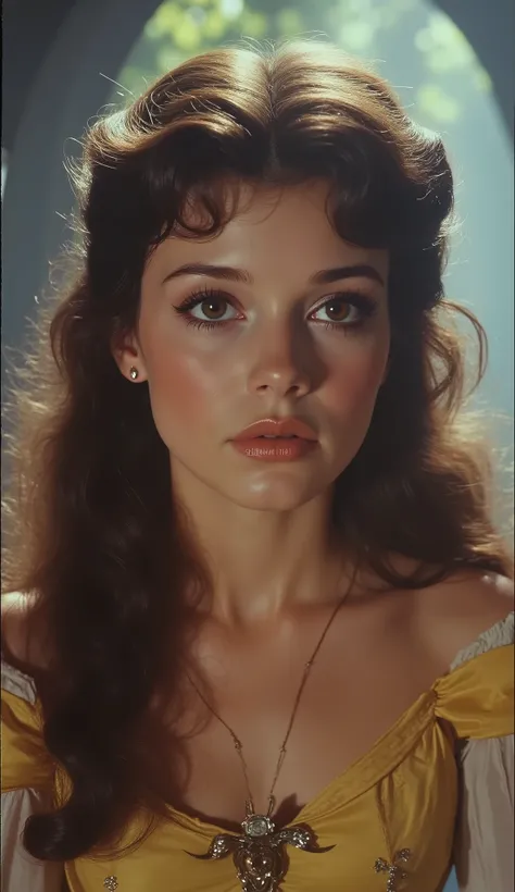 1980 film still, princess Belle, long wavy dark brown hair, brown eyes medium shot, grainy effect,