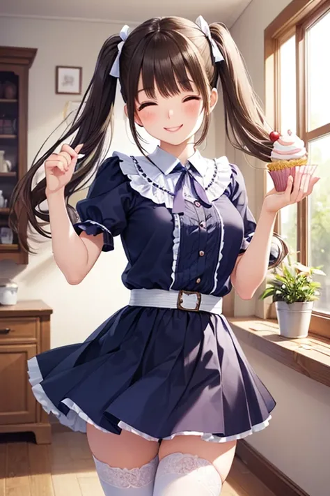 realistic,photo realistic,pretty girl\(20 years old,twin tails,  holding cupcakes , smile,one eye closed\),pastel,
pastel pink and purple tones,
 Soft Orange , twin tails,  holding cupcakes , smile,one eye closed, complicated details, pastel colors, white stockings,  Elegant Backdrop with Soft Drapes, bright lighting, cute pose in an old room,  Cute Style , sweet and innocent vibe ,  Delicate Accessory , Fantasy Atmosphere, a soft glow



、



,((( masterpiece,  Highest Quality,  high resolution, 超 high resolution,  Pixel Perfect ,  description boundary, 4K, RTTX10.0))),
、Anegasaki Nene, shiny brown hair, beautiful brown eyes, smiling face, sparkling pupils, (fine grain), , highly detailed face,, (masterpiece:1.2, best quality), ((only1 girl)), ((cowboyshot：1.5))