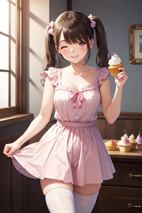 realistic,photo realistic,pretty girl\(20 years old,twin tails,  holding cupcakes , smile,one eye closed\),pastel,
pastel pink and purple tones,
 Soft Orange , twin tails,  holding cupcakes , smile,one eye closed, complicated details, pastel colors, white stockings,  Elegant Backdrop with Soft Drapes, bright lighting, cute pose in an old room,  Cute Style , sweet and innocent vibe ,  Delicate Accessory , Fantasy Atmosphere, a soft glow



、



,((( masterpiece,  Highest Quality,  high resolution, 超 high resolution,  Pixel Perfect ,  description boundary, 4K, RTTX10.0))),
、Anegasaki Nene, shiny brown hair, beautiful brown eyes, smiling face, sparkling pupils, (fine grain), , highly detailed face,, (masterpiece:1.2, best quality), ((only1 girl)), ((cowboyshot：1.5))
