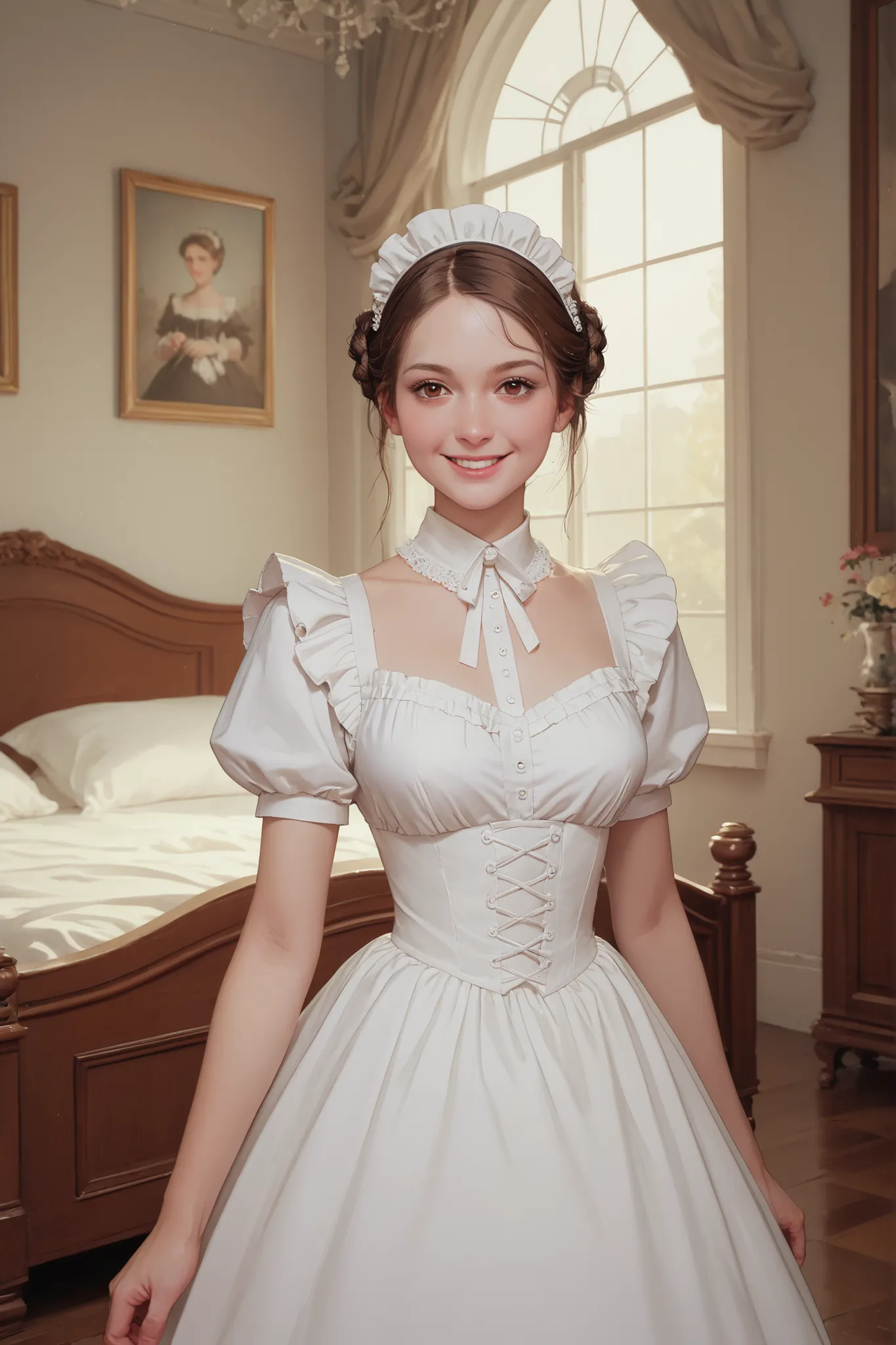 youth caucasian female,brown hair French Braid Low Bun,dark brown eye color,Perfect body,A Maid's headdress is worn on the head,Background is in a Victorian bedroom,,She is wearing a Victorian maid's outfit,standing,Background is in Victorian decor,smile