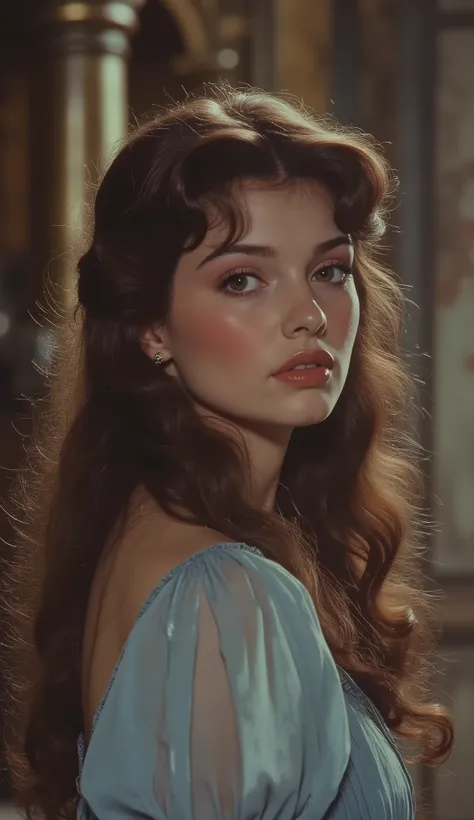 1980 film still, princess Belle, long wavy dark brown hair, brown eyes, simple blue dress, medium shot, grainy effect