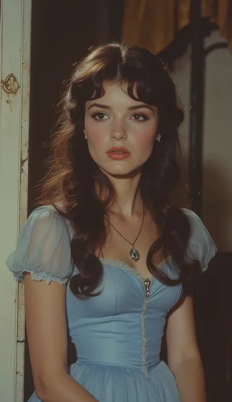 1980 film still, princess Belle, long wavy dark brown hair, brown eyes, simple blue dress, medium shot, grainy effect