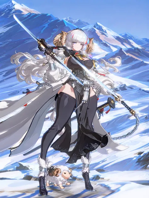 woman, sheep anthromorph, ram beast, white coat of cotton, blue talisman on her ram horns, puppy down ears, snowy mountain, large breasts, fullbody, slean model body, long legs, long cape, cute pelvic curtain dress, cute chain belt on her waist, holographi...