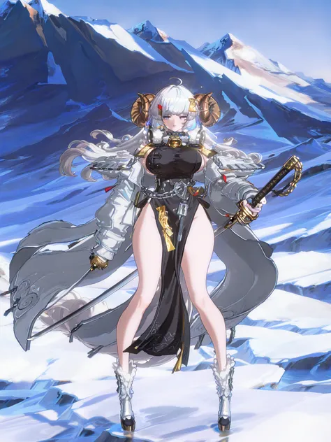 woman, sheep anthromorph, ram beast, white coat of cotton, blue talisman on her ram horns, puppy down ears, snowy mountain, large breasts, fullbody, slean model body, long legs, long cape, cute pelvic curtain dress, cute chain belt on her waist, holographi...