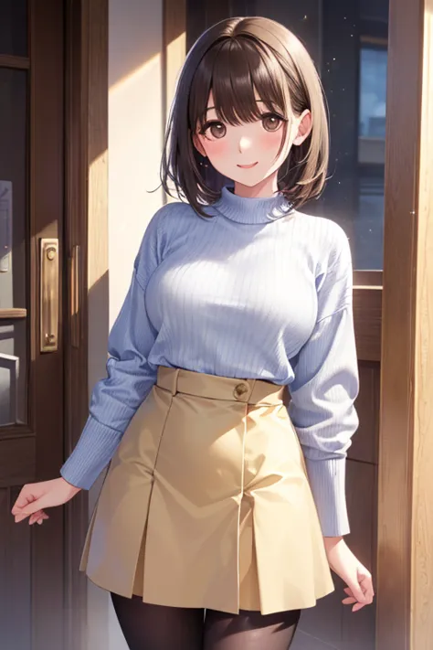 (( Highest Quality)), ((傑 Highest Quality、masterpiece、high sensitivity、 high resolution、 detailed depiction、 draw a delicate face))slender woman、、 with a smile、Pastel-colored knit depicting a delicate face  ＆ sweater 、Yellow tights、 loafers 、



、



,((( masterpiece,  Highest Quality,  high resolution, 超 high resolution,  Pixel Perfect ,  description boundary, 4K, RTTX10.0))),
、Anegasaki Nene, shiny brown hair, beautiful brown eyes, smiling face, sparkling pupils, (fine grain), , highly detailed face,, (masterpiece:1.2, best quality), ((only1 girl)), ((cowboyshot：1.5))