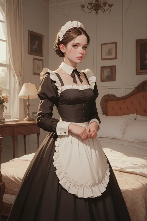 youth caucasian female,brown hair French Braid Low Bun,dark brown eye color,Perfect body,A Maid's headdress is worn on the head,Background is in a Victorian bedroom,She is wearing a Victorian maid's outfit,standing,