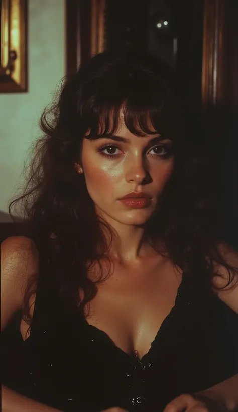 1980 film still, 21 year old female, long wavy dark brown hair, hazel eyes, simple black dress, medium shot, grainy effect