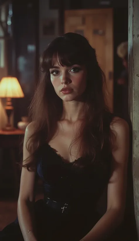 1980 film still, 21 year old female, long straight dark brown hair, hazel eyes, simple black dress, medium shot, grainy effect