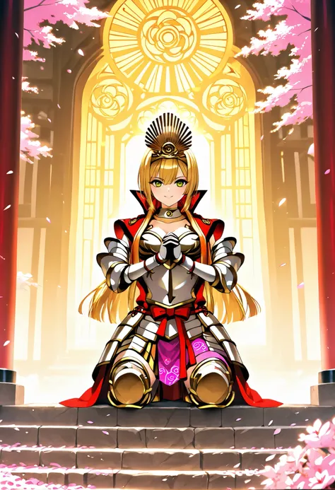 Create a dynamic cinematic commercial scene using the “Nobunaga Absence System” with Ashikaga Yoshiteru from Sengoku Otome praying for peace. Yoshiteru is center-frame, kneeling on ancient stone steps at sunrise, hands clasped and head bowed. Use keywords ...