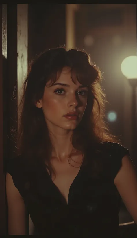 1980 film still, 21 year old female, long straight dark brown hair, hazel eyes, simple black dress, medium shot, grainy effect