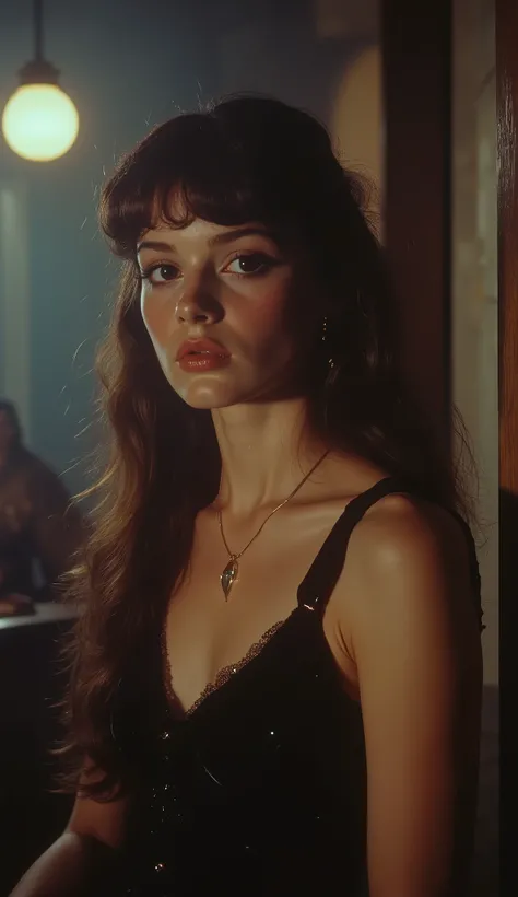 1980 film still, 21 year old female, long straight dark brown hair, hazel eyes, simple black dress, medium shot, grainy effect