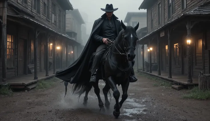 "Ultra-realistic close-up side-angle shot of a lone gunman on a black horse entering a foggy, abandoned Old West town. Camera positioned near the edge of the muddy street, capturing the imposing rider in motion from the side, close focus on the wet horse's...