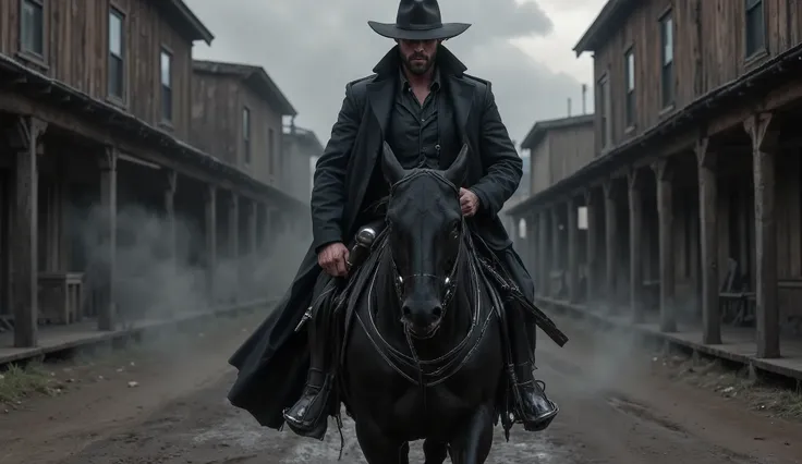 "Ultra-realistic close-up cinematic shot of a lone gunman riding a black horse into an abandoned Old West town. Shot from the front, slightly low angle, camera close to the horse's head and chest, emphasizing the wet, muscular horse and the imposing rider....