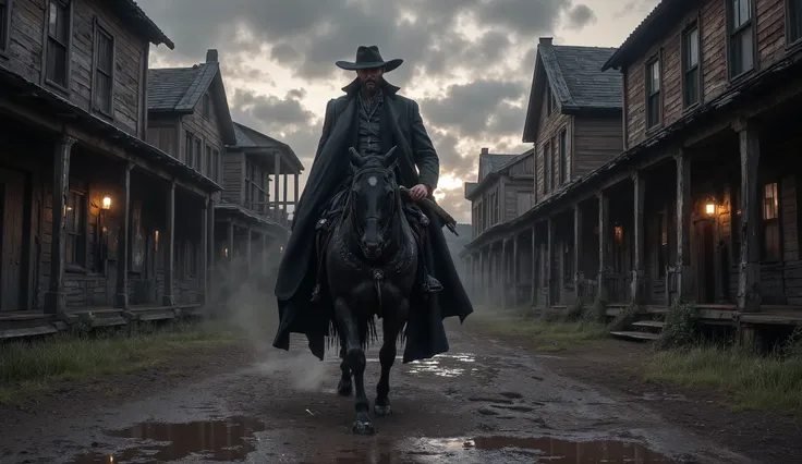 "Ultra-realistic scene of an abandoned Old West town at dusk, muddy dirt road with puddles reflecting broken storm clouds, thick fog rolling in the distance, dramatic cinematic lighting. A lone gunman on a black horse enters the city from the front, camera...